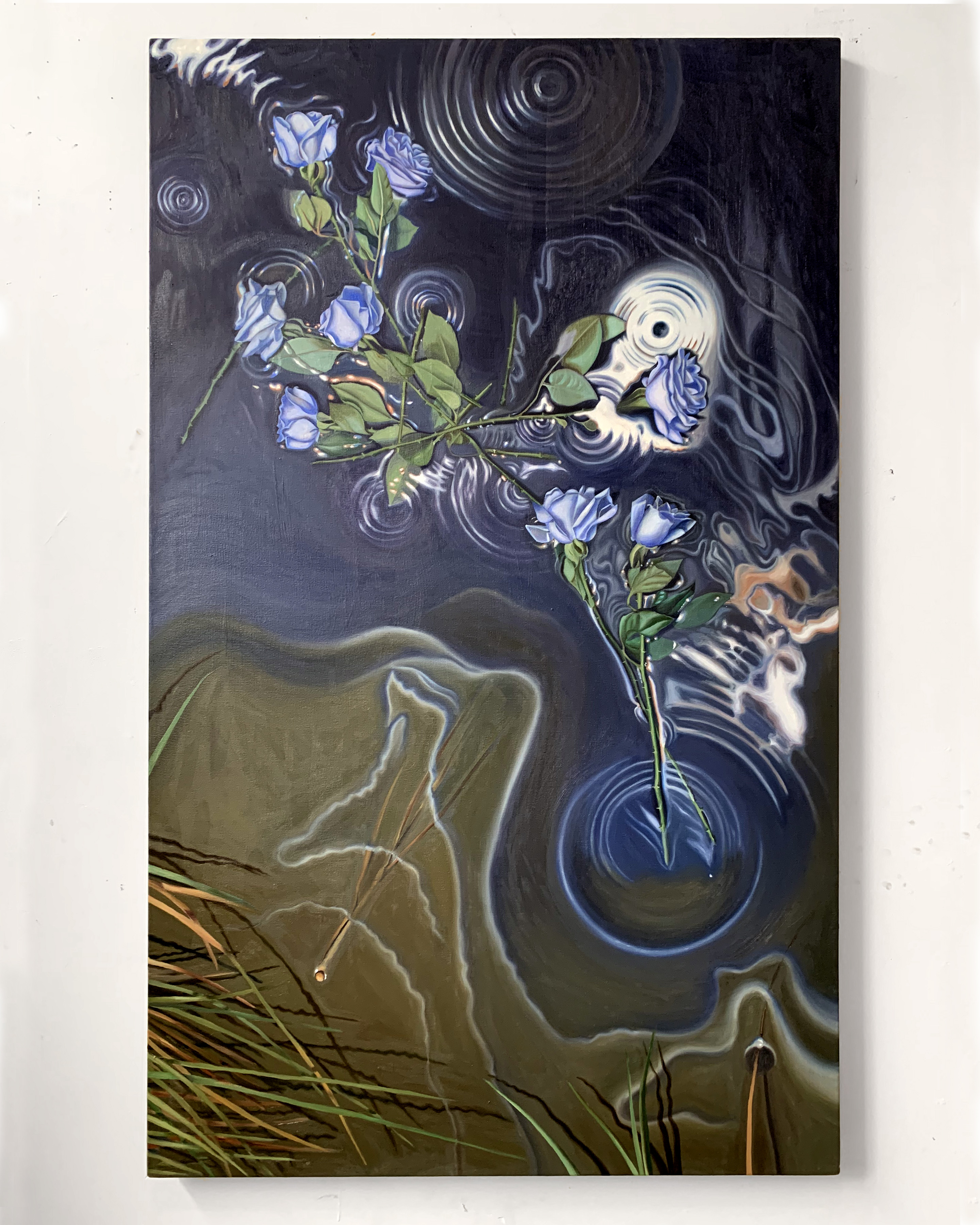 Wetlands (blue carbon), 60x36 2021 <br>oil on canvas<br><br>Wetlands have deep roots that absorb and store carbon. This is known as “blue carbon”. 1⁄3 of all marshes, seagrasses and mangroves have been destroyed by urban development. It is estimated that if restored, they would reduce carbon in the air by 10%.<br>I dedicate this piece to my late Grandad, who taught me to appreciate the beautiful stillness of the marsh. 